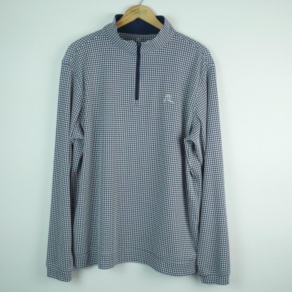 Rhoback Mens Navy White Houndstooth Quarter Zip Performance Pullover Large
